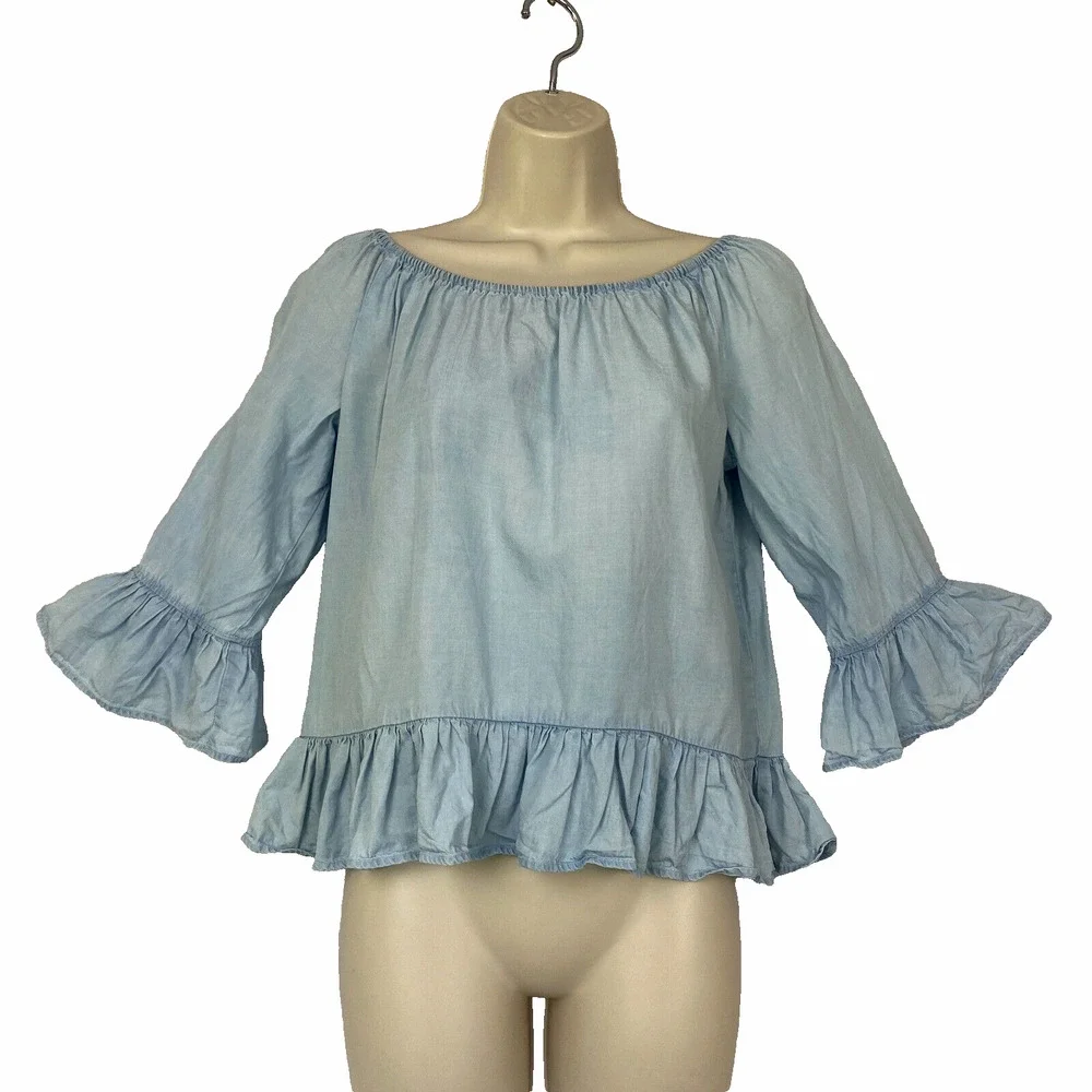 Sanctuary Top Womens XS Chambray Denim Ruffled Boho Bell Sleeve Feminine Blue - Picture 1 of 10